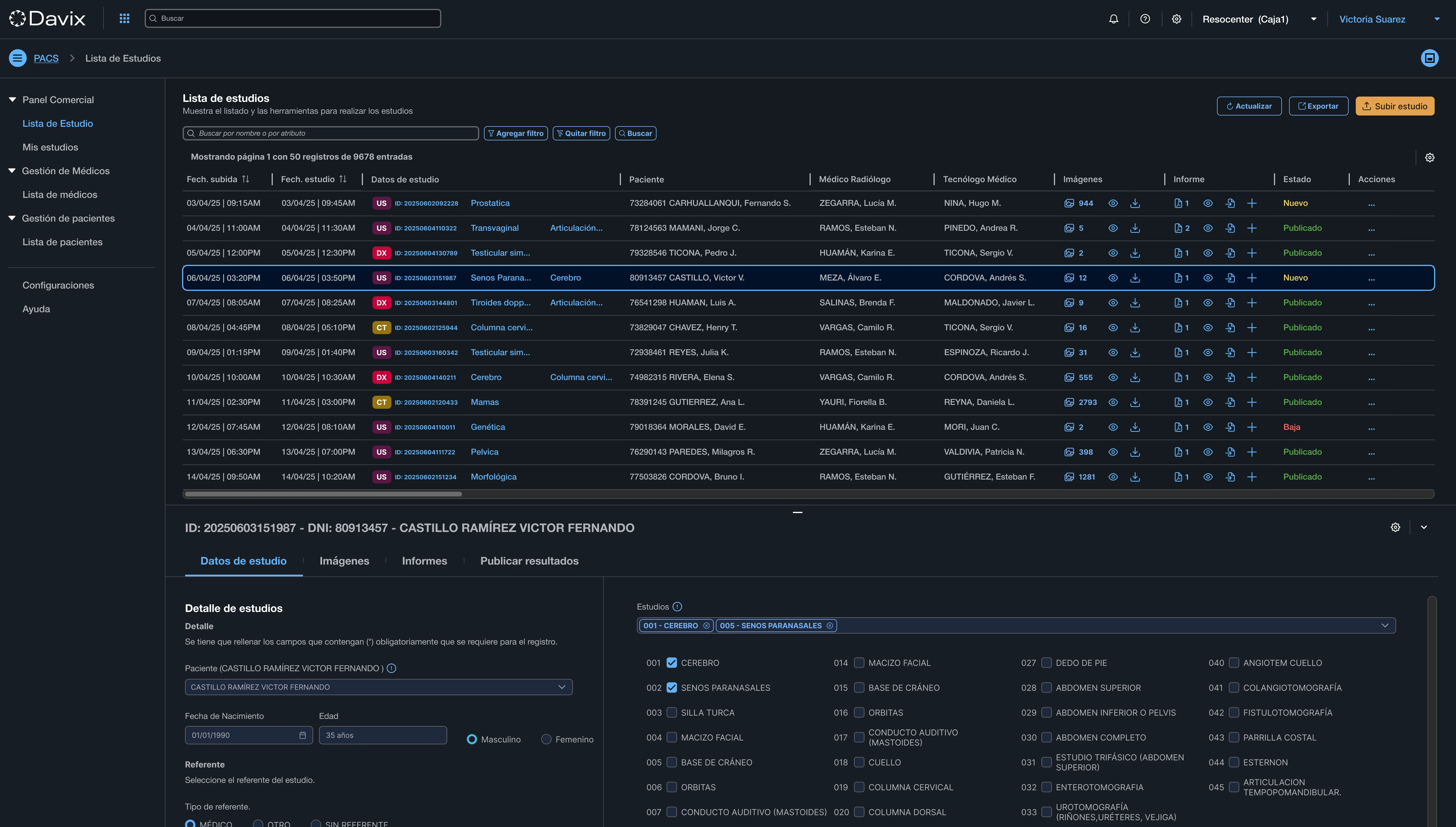 Davix PACS - Lista de estudios